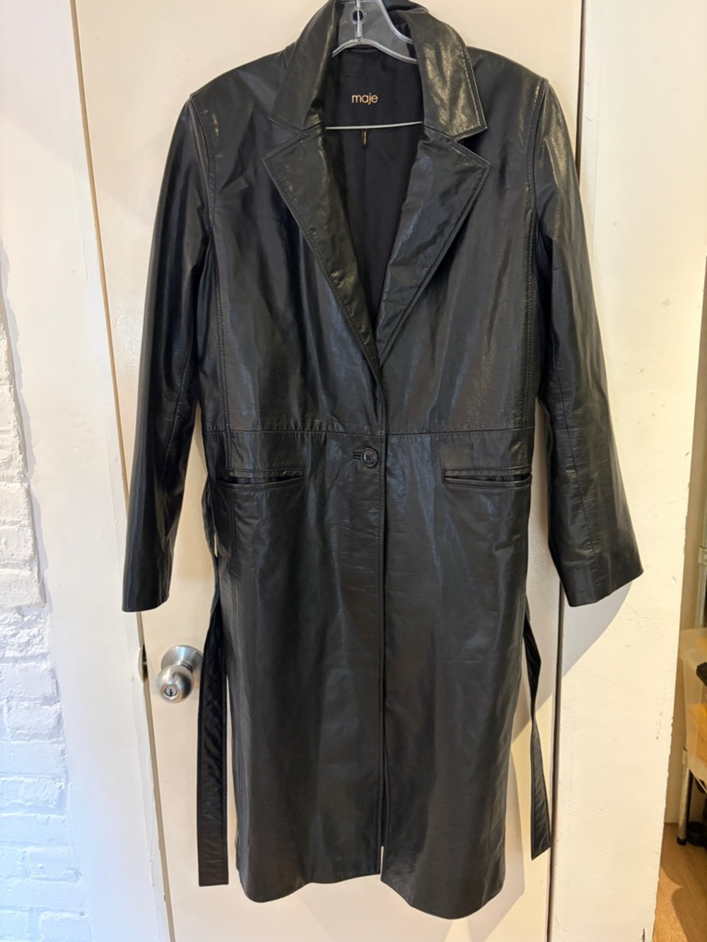 Maje Black Leather Long Trench Coat with Belt